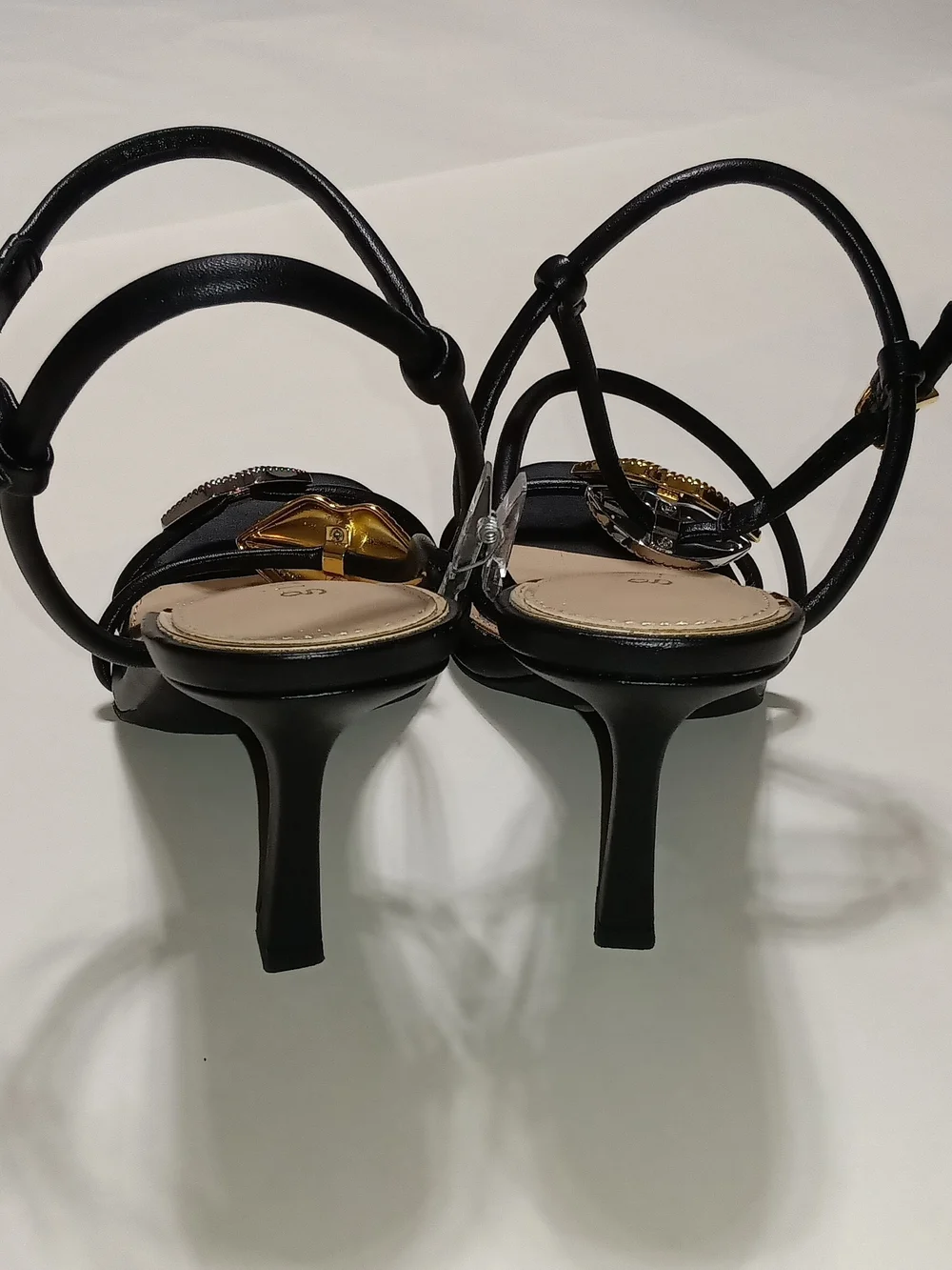 Gianni Bini Carletta Black Strappy Heels with Gold & Silver Lip Accents Size 6